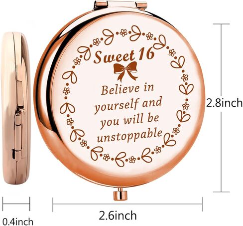 FUSTMW Sweet 16 مرآة مدمجة هدية عيد ميلاد سعيد السادس عشر هدية مرآة عيد ميلاد السادس عشر هدية حلوة ستة عشر للفتيات الابنات (ذهبي وردي) in Saudi Arabia