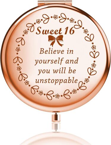 FUSTMW Sweet 16 مرآة مدمجة هدية عيد ميلاد سعيد السادس عشر هدية مرآة عيد ميلاد السادس عشر هدية حلوة ستة عشر للفتيات الابنات (ذهبي وردي) in Kuwait