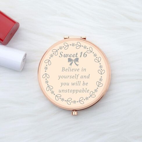 FUSTMW Sweet 16 مرآة مدمجة هدية عيد ميلاد سعيد السادس عشر هدية مرآة عيد ميلاد السادس عشر هدية حلوة ستة عشر للفتيات الابنات (ذهبي وردي) in Kuwait
