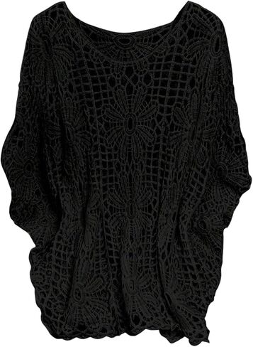 MakeMeChic Women's Plus Size Boho Tops Crochet Sweater Dolman Sleeve Beach Cover Up in Kuwait