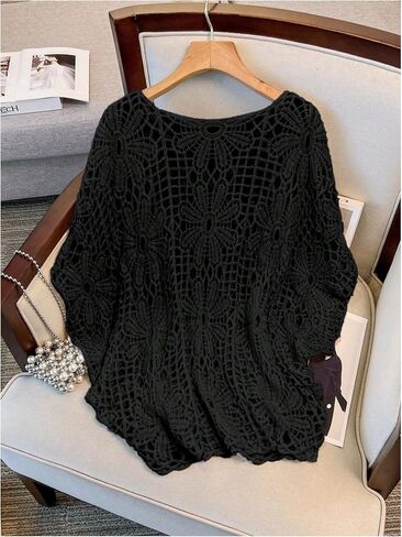 MakeMeChic Women's Plus Size Boho Tops Crochet Sweater Dolman Sleeve Beach Cover Up in Kuwait