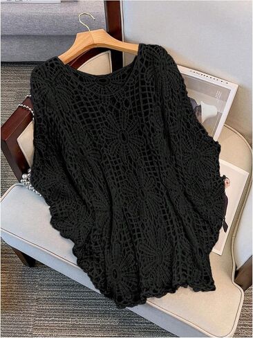 MakeMeChic Women's Plus Size Boho Tops Crochet Sweater Dolman Sleeve Beach Cover Up in Kuwait