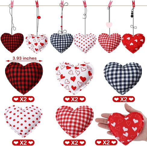 12 Pieces Heart Shaped Fabric Hanging Ornaments Wedding Ornaments for Tree Buffalo Check Heart Decorations Valentine's Day Party DIY Crafts,4 Inch (Simple Style,) in Saudi Arabia