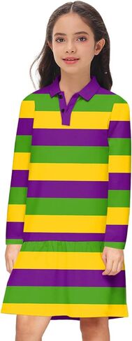 Remimi Girls Mardi Gras Striped Dresses Long Sleeve Polo Dress 5-14 Years in Saudi Arabia