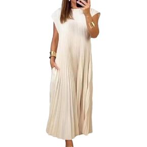 Women's Summer Pleated Maxi Dress 2024 Casual Cap Sleeve Loose Fit Flowy Long Dresses with Pockets