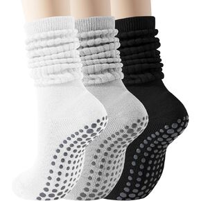Pilates Socks with Grips for Women, Non Slip Yoga Slouch Socks, 3 Pairs Long Scrunch Socks, Cushioned Crew Socks