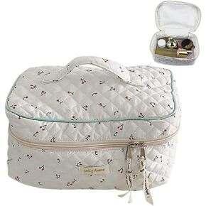 حقيبة مكياج جمالية كاواي لطيفة للسفر مبطنة بالقطن منظم مستحضرات التجميل مع مقبض وحقيبة أدوات الزينة للنساء والفتيات المراهقات (أزهار بيج) in Kuwait