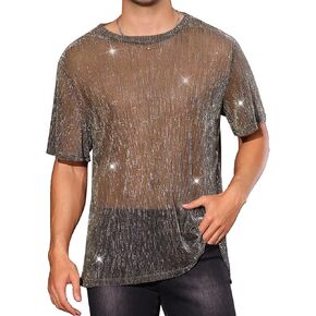 Lars Amadeus Glitter See Through Tee for Men's Short Sleeves Party Clubwear Metallic Shiny Mesh Sheer T-Shirt