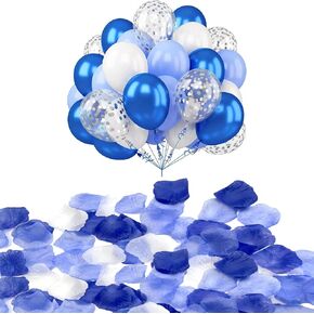 Blue Rose Petals 1200PCS Artificial Flower Petals & 20PCS Balloons Set for Valentine's Day, Birthday, Wedding, Party, Graduations, Silk Rose Petals and Balloons Kit (Royal Blue,Sky Blue, White)