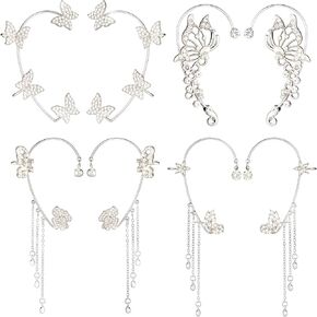 Yaomiao 4 Pairs Butterfly Ear Cuffs Earrings Glitter Rhinestone Butterfly Earrings Butterfly No Piercing Ear Clip Wrap Around Earrings for Women Show,wedding, Party, Christmas Accessories