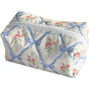 XPONNI Cute Quilted Bow Y2k Makeup Bag Coquette Small Pouch Preppy Floral Heart Cosmetic Bag Toiletry Organizer Bag (Color03)