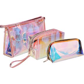 3 Pieces Holographic Makeup Bag Clear PVC Makeup Bag Iridescent Cosmetic Pouch Portable Travel Cosmetic Pouch TPU Waterproof Cosmetic Bags for Women