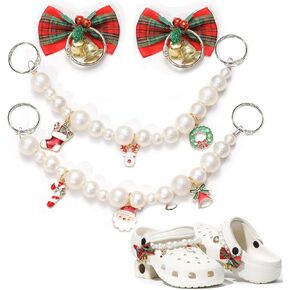 Christmas Shoe Charms, 2Pcs Pearl Shoe Chains for Women Christmas, Xmas Bling Shoe Charms Bell Bow for Clog Sandals, DIY Shoe Decoration Charms, Christmas Party Gifts for Girls