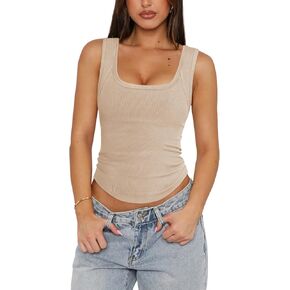 Womens Sleeveless Scoop Neck Ribbed Tank Tops for Women Fitted Summer Workout Cute Basic Cotton Tanks