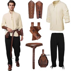 6 Pcs Men's Renaissance Costume Halloween Medieval Pirate Costume Set Viking Shirt Banded Pants Belt Accessories Cosplay