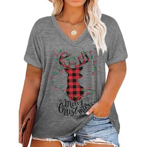 Womens Plus Size Reindeer Shirts Merry Christmas Leopard Plaid Tshirt Casual Vneck Holiday Short Sleeve Tee Tops Xmas Gift