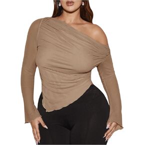 MakeMeChic Women's Plus Size Casual Mesh One Shoulder Lettuce Trim Ruched Asymmetrical Hem Tee Shirt Tops in Kuwait