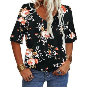 Grlasen Womens Summer Tops Fashion V Neck Half Sleeve Oversized T Shirts Elbow Length Tee Shirts Casual Tops Loose Fit