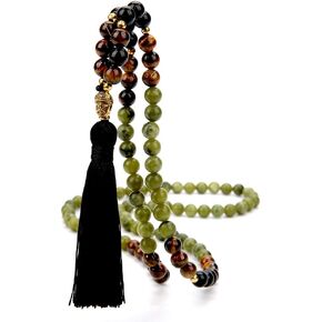 8mm Natural Stone Beads 108 Mala Beaded Necklace Meditation Yoga Prayer Jewelry Tibetan Buddha Head Pendant Tassel Japa Mala Rosary Beads for Men and Women (Southern Jade)