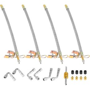 Valve Stem Extenders, 4 Pcs 12 Inch Dual Flexible Stainless Steel Braided Stem Extensions, 6 Pcs 45 90 135 Degree Brass Valve Adaptors for Car Truck Motorhome Trailer RV Trailer Vehicle