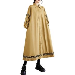Women's Shirt Dress Lapel Collar Button Down Long Sleeve Below Knee Loose Oversize GZ291