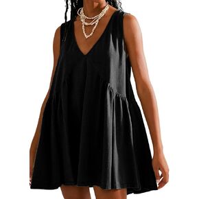 Summer Sleeveless Mini Short Cute Dresses V Neck Casual Loose Beach Sundress with Pockets