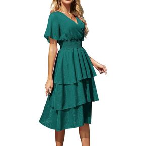 Ruffle Sleeve Wrap V Neck Midi Dresses for Women Causal Summer Smocked Waist Tiered Layered Glitter Chiffon Dress