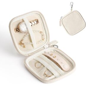 Lotour Travel Jewelry Organizer Case, Travel Jewelry Bag for Journey Rings, Necklaces, Earrings, Bracelets, Mini, White