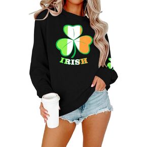 FASHGL Women St. Patrick's Day Sweatshirts Irish Shamrock Lucky Shirt Clover Printed Long Sleeve Tee Holiday Outwear Tops