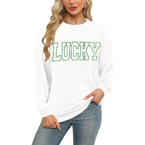 ALLTB St Patrick's Day Sweatshirt Women: Lucky Shirt Irish Shamrock Shirt Green Clover Stripe Long Sleeve Pullover