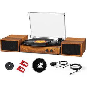 Record Player Vintage with External Speakers 3 Speed Belt-Driven 33 45 78 RPM Vinyl Turntable with Stereo Speakers Bluetooth Playback PC Encoding RCA Line-Out AUX-in, Light Walnut