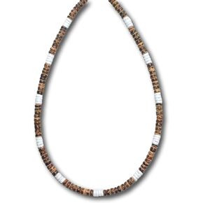 Native Treasure Mens and Womens Summer Beach Surfer Necklace From the Philippines, Mixed Brown Coconut Beads with White Ark Shells Accents