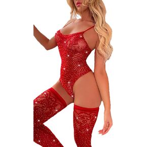 Women Fishnet Bodysuits Mesh Bodystocking Sparkle Rhinestone Bodycon Jumpsuit with Thigh High Stockings