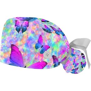 2 Pack Surgical Cap with Button Sweatband, Colorful Butterfly Working Cap Ponytail Holder for Women Long Hair