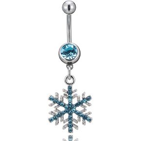 14G Sparkle Rhinestone Snowflake Dangle Belly Button Ring for Women Hypoallergenic Surgical Steel Belly Navel Rings Belly Curved Barbell Dainty Winter Body Piercing Jewelry