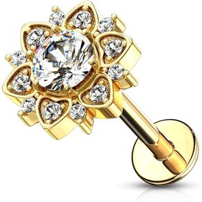 Pierced Owl - 16GA Stainless Steel CZ Crystal Paved Flower Internally Threaded Labret Monroe Cartilage Ear Stud