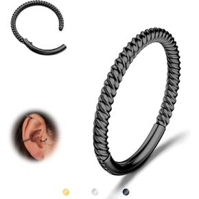 BodyBonita Hinged Nose Rings Hoops - 316L Surgical Steel Twisted Seamless Clicker Cartilage Earrings Septum Rings Jewelry Conch Piercing Tragus Rook Daith Helix for Women Gold/Black/Silver 16G/18G