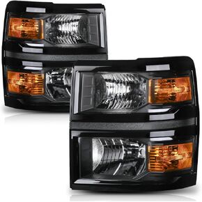 M-AUTO OE Style Headlights Assembly Compatible with 2014-2015 Chevrolet Silverado 1500 Black Housing Amber Corner Passenger and Driver Side Headlamp