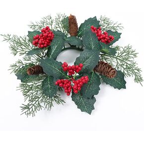 Christmas Candle Ring Artificial Flower Wreath Garland 10.63" Greenery Berries Pine Cones Candle Holders Xmas Party Table Centerpiece Decoration