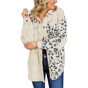 Lucrosun Women's Oversized Blouse Leopard Print Corduroy Shacket Jacket