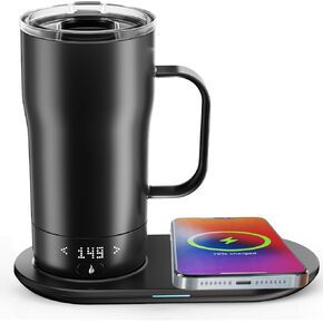 Smart Self Heating Coffee Mug 18 Oz Temperature Control Heated Coffee Mug App Controlled Warmer Mug 5-10 Hour LED Display Keep Coffee Hot All Day Fast Wireless Charger Base Orange Red