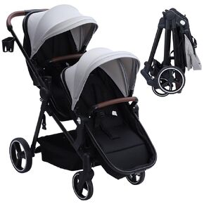 Double Stroller for Infants and Toddlers, Foldable Tandem Stroller, Reversible Pushchair Bassinet Pram with Large Storage Basket, Adjustable Backrest & Canopy, Black