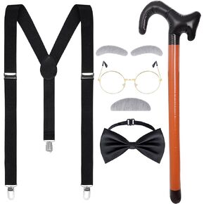 Dxhycc Old Man Costume for Kids Men Grandpa Costume Accessories Including Glasses Suspenders Bow Tie Inflatable Cane Moustache and Eyebrows Set