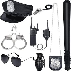quescu Police Accessory Role Play Set For Kids,8PCS Police Costume Gear With Police Hat,Handcuffs for Adult Halloween Accessories