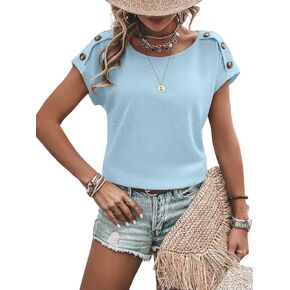 Women's Crewneck Button Decor T Shirts Summer Casual Short Sleeve Tops Loose Fit Tees 2025