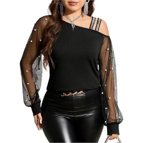 Women's Plus Size Faux Pearl Asymmetrical Neck Long Sleeve T-Shirt Sheer Mesh Tee Tops