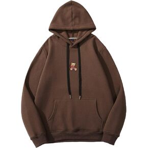 SHENHE Men's Loose Fit Bear Embroidery Long Sleeve Thermal Hooded Sweatshirt Hoodie Tops
