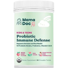 Certified Organic Kids & Teens Probiotic Immune Defense - 5 Billion CFUs | Sugar Free, Vegan, Gluten-Free | 14 Probiotic Strains, Prebiotics, Vitamin C & D | 30 Chewable Tablets, Ages 4+
