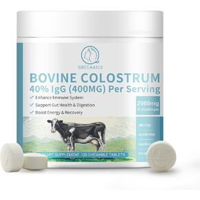 Bovine Colostrum 120 Chewable Tablets, 2000mg Colostrum Supplement 40% IgG, for Immune Support, Gut Health, Hair Growth, Energy, 100% Grass Fed & First-Milking, Gluten-Free, Soy-Free