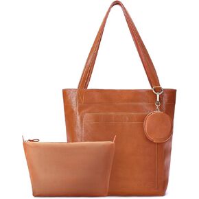 Vintage Genuine Leather Tote Shoulder Bag for Women, Large Satchel Handbag with Purse, 2 Set Bags for Women Daily Use